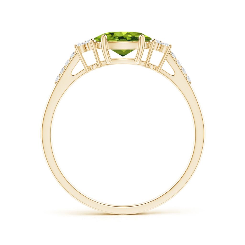 7x5mm AAAA Horizontally Set Oval Peridot Solitaire Ring with Trio Diamond Accents in Yellow Gold - side 199