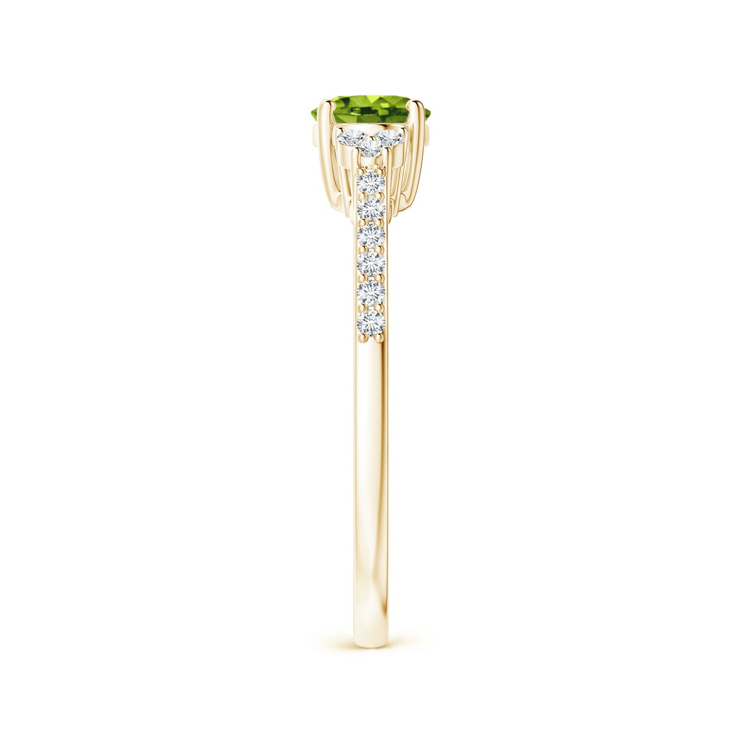 7x5mm AAAA Horizontally Set Oval Peridot Solitaire Ring with Trio Diamond Accents in Yellow Gold - side 3