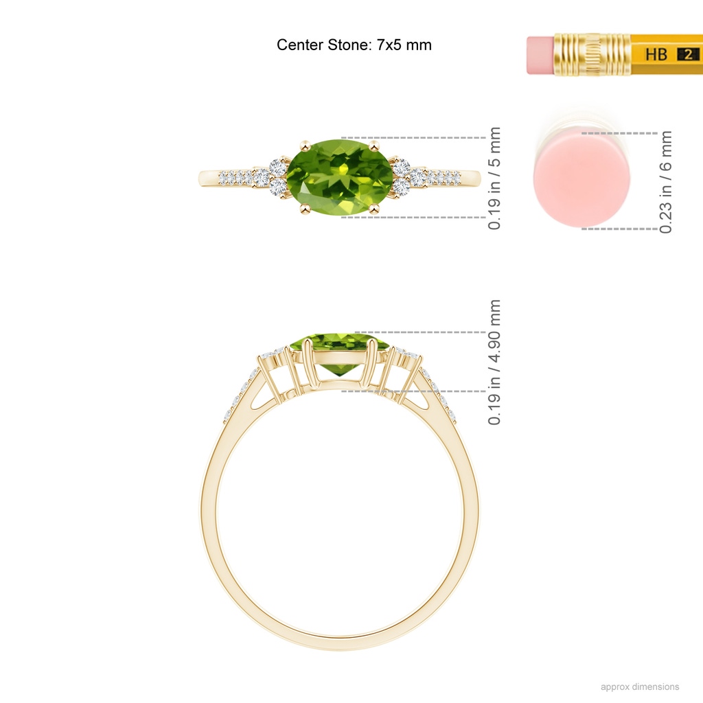 7x5mm AAAA Horizontally Set Oval Peridot Solitaire Ring with Trio Diamond Accents in Yellow Gold Ruler