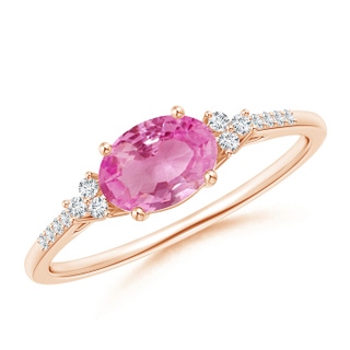 7x5mm AA Horizontally Set Oval Pink Sapphire Solitaire Ring with Trio Diamond Accents in 9K Rose Gold