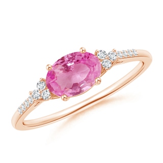 7x5mm AA Horizontally Set Oval Pink Sapphire Solitaire Ring with Trio Diamond Accents in Rose Gold