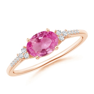 7x5mm AAA Horizontally Set Oval Pink Sapphire Solitaire Ring with Trio Diamond Accents in 9K Rose Gold