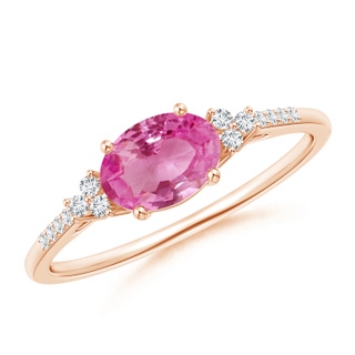 7x5mm AAA Horizontally Set Oval Pink Sapphire Solitaire Ring with Trio Diamond Accents in Rose Gold