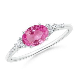 7x5mm AAA Horizontally Set Oval Pink Sapphire Solitaire Ring with Trio Diamond Accents in White Gold