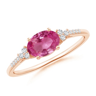 7x5mm AAAA Horizontally Set Oval Pink Sapphire Solitaire Ring with Trio Diamond Accents in Rose Gold