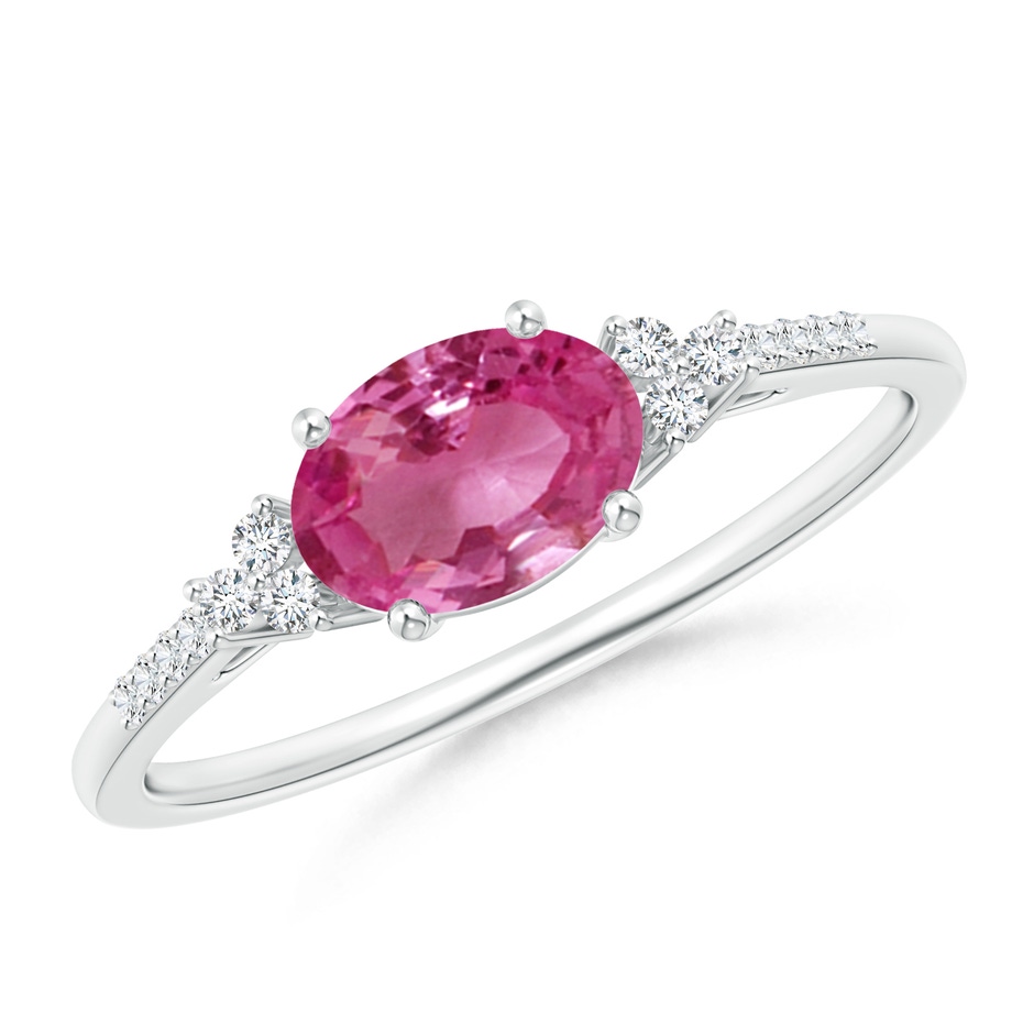 7x5mm AAAA Horizontally Set Oval Pink Sapphire Solitaire Ring with Trio Diamond Accents in White Gold 