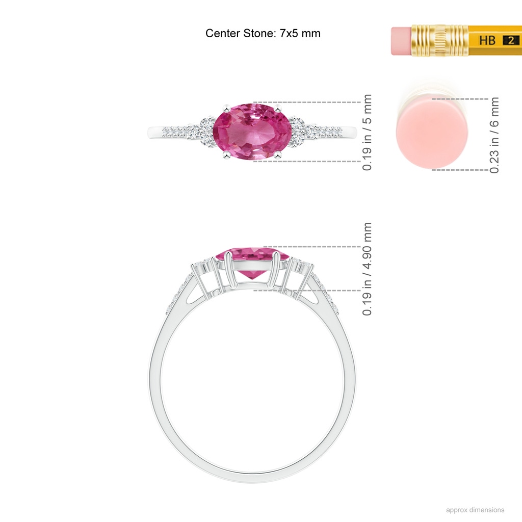 7x5mm AAAA Horizontally Set Oval Pink Sapphire Solitaire Ring with Trio Diamond Accents in White Gold Ruler