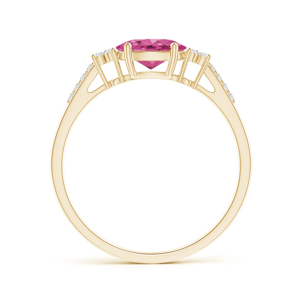 7x5mm AAAA Horizontally Set Oval Pink Sapphire Solitaire Ring with Trio Diamond Accents in Yellow Gold Side-1