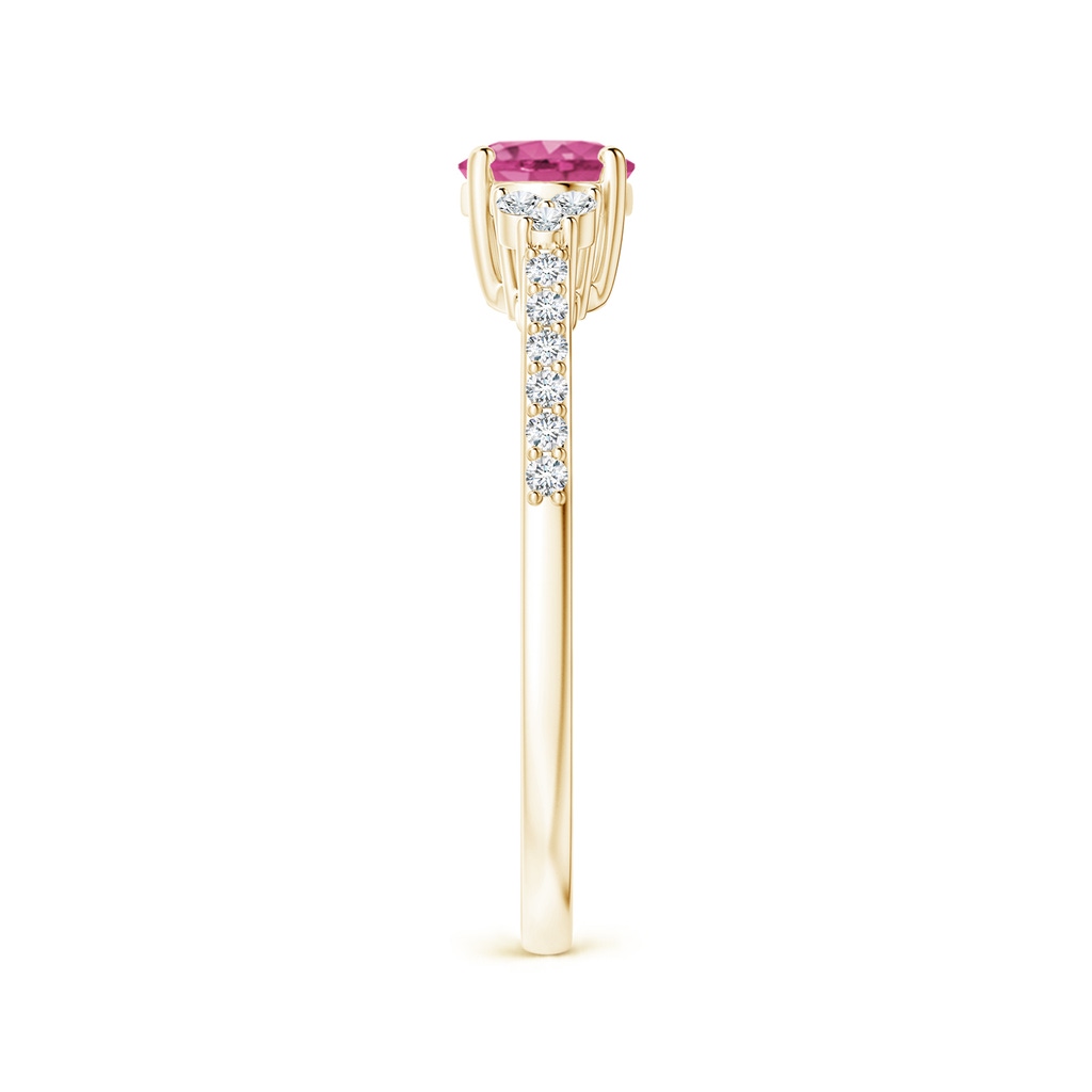 7x5mm AAAA Horizontally Set Oval Pink Sapphire Solitaire Ring with Trio Diamond Accents in Yellow Gold Side-2