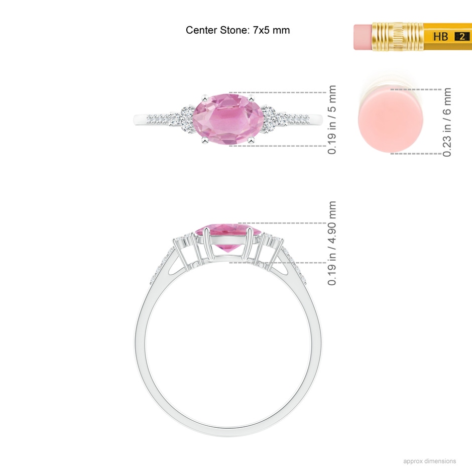 7x5mm A Horizontally Set Oval Pink Tourmaline Solitaire Ring with Trio Diamond Accents in White Gold ruler