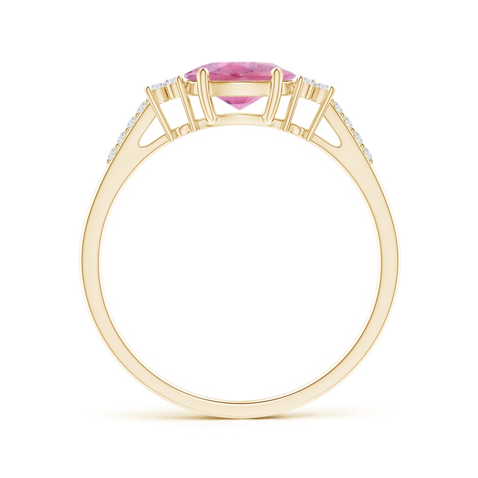 7x5mm A Horizontally Set Oval Pink Tourmaline Solitaire Ring with Trio Diamond Accents in Yellow Gold side 199