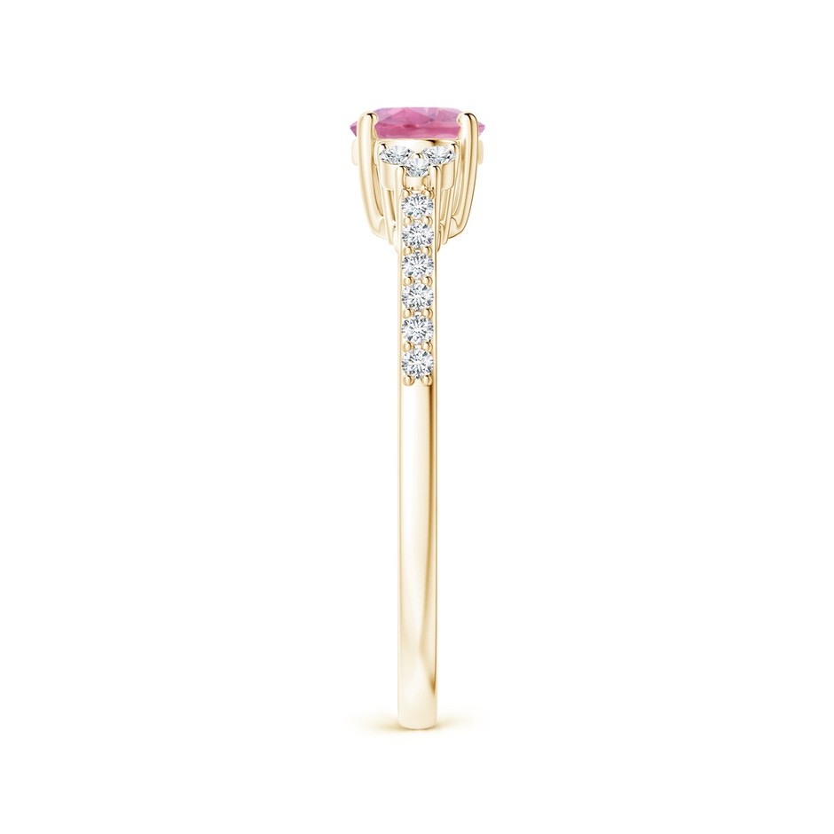 7x5mm A Horizontally Set Oval Pink Tourmaline Solitaire Ring with Trio Diamond Accents in Yellow Gold side 299