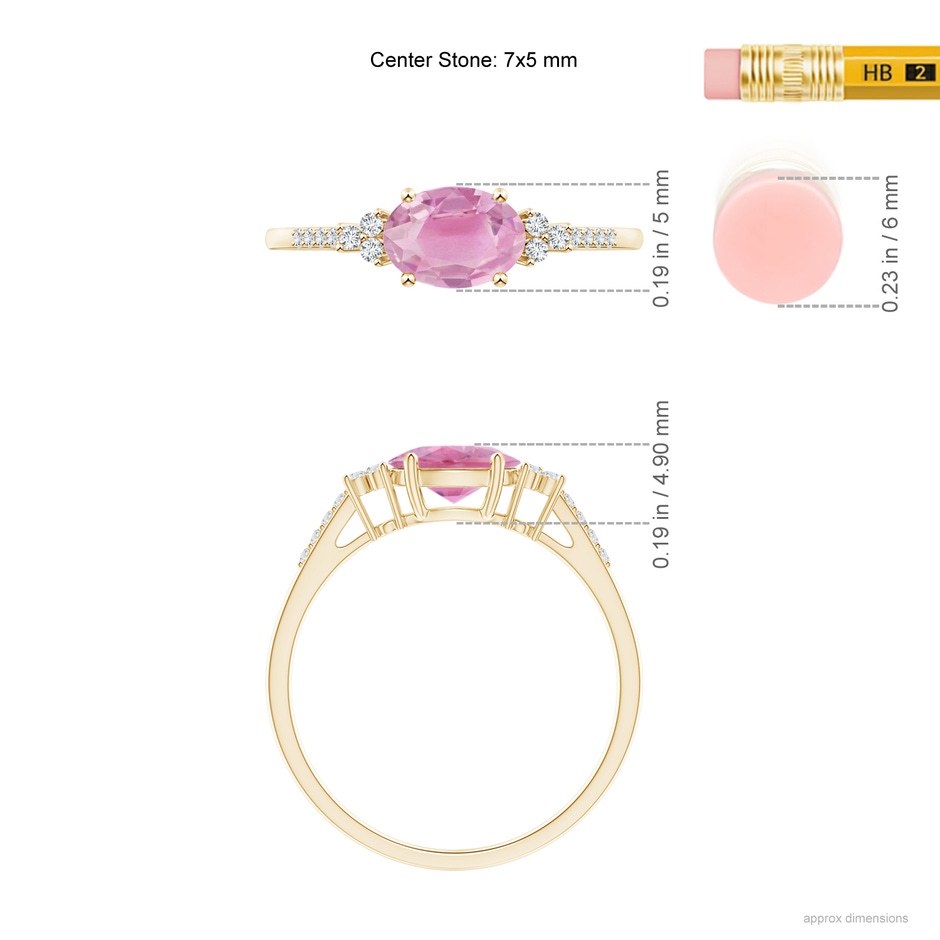 7x5mm A Horizontally Set Oval Pink Tourmaline Solitaire Ring with Trio Diamond Accents in Yellow Gold ruler