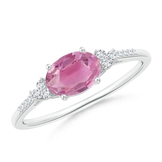 7x5mm AA Horizontally Set Oval Pink Tourmaline Solitaire Ring with Trio Diamond Accents in S999 Silver