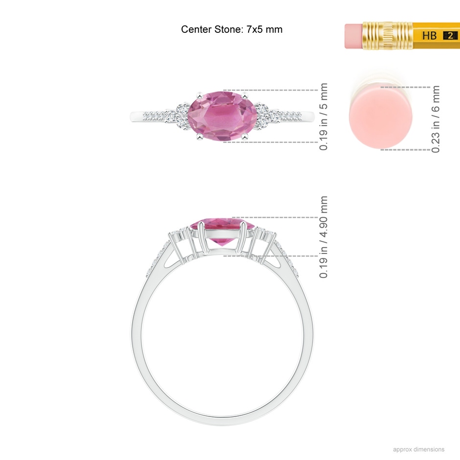 7x5mm AA Horizontally Set Oval Pink Tourmaline Solitaire Ring with Trio Diamond Accents in S999 Silver ruler