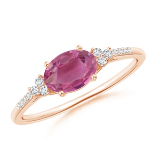 7x5mm AAA Horizontally Set Oval Pink Tourmaline Solitaire Ring with Trio Diamond Accents in Rose Gold