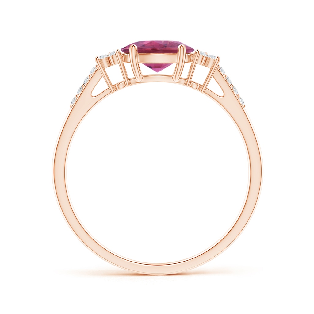 7x5mm AAA Horizontally Set Oval Pink Tourmaline Solitaire Ring with Trio Diamond Accents in Rose Gold Side-1