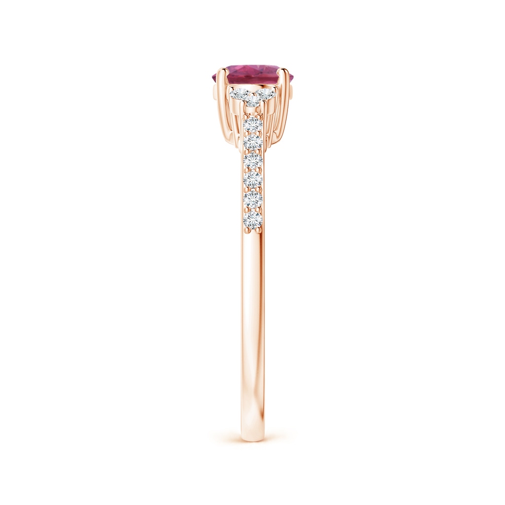7x5mm AAA Horizontally Set Oval Pink Tourmaline Solitaire Ring with Trio Diamond Accents in Rose Gold Side-2