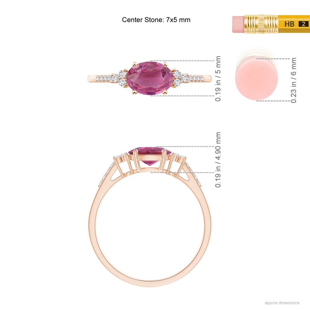 7x5mm AAA Horizontally Set Oval Pink Tourmaline Solitaire Ring with Trio Diamond Accents in Rose Gold Ruler