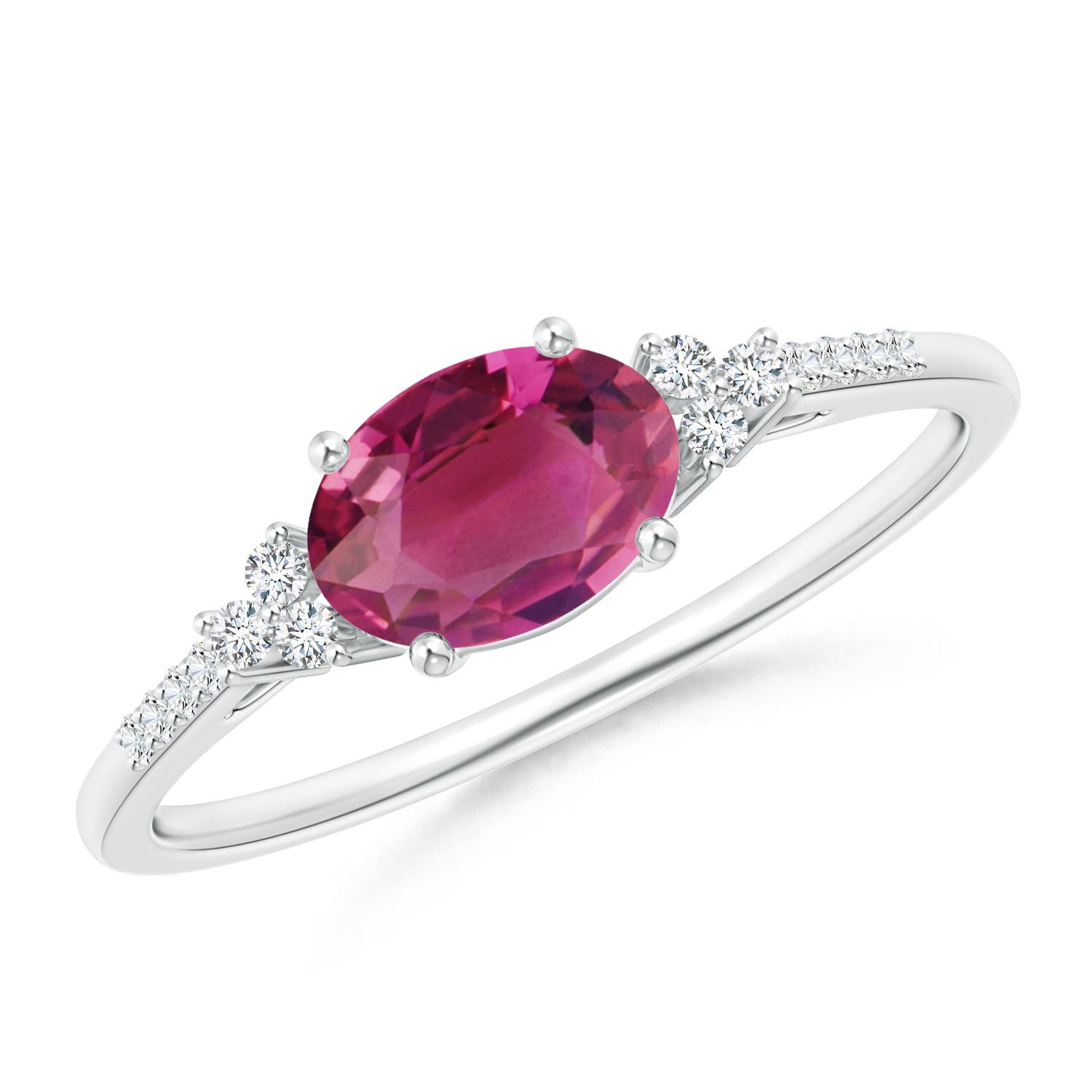 7x5mm AAAA Horizontally Set Oval Pink Tourmaline Solitaire Ring with Trio Diamond Accents in S999 Silver