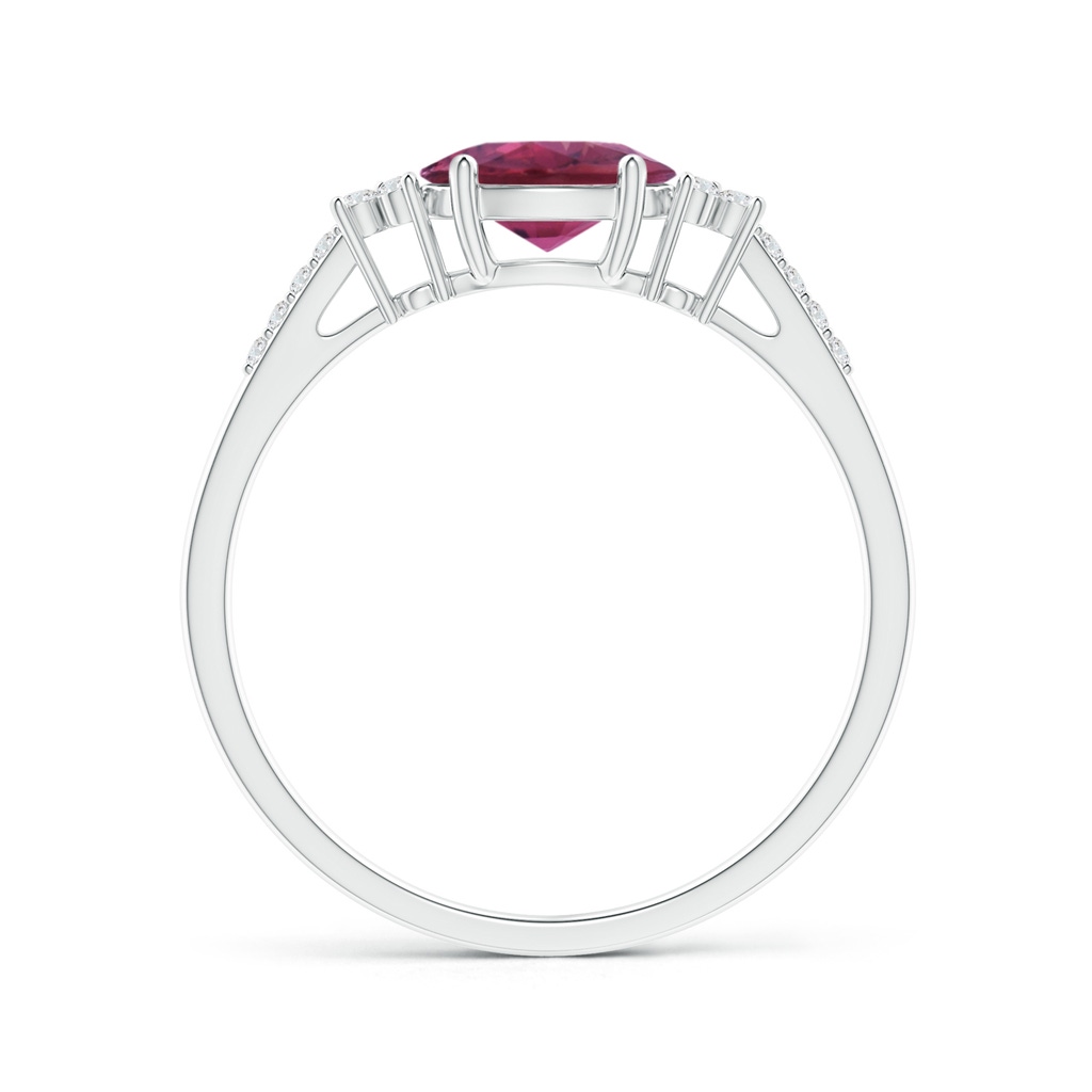 7x5mm AAAA Horizontally Set Oval Pink Tourmaline Solitaire Ring with Trio Diamond Accents in White Gold Side-1