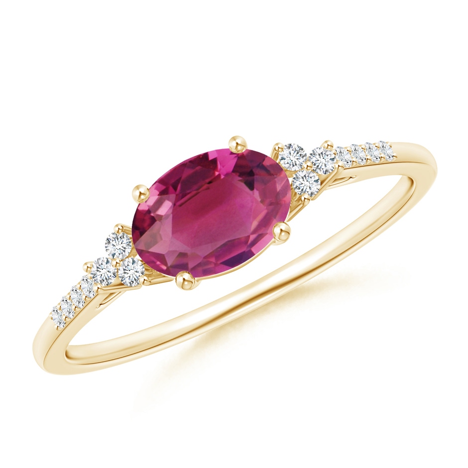 7x5mm AAAA Horizontally Set Oval Pink Tourmaline Solitaire Ring with Trio Diamond Accents in Yellow Gold 