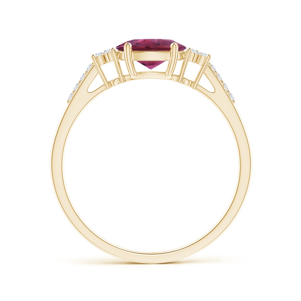 7x5mm AAAA Horizontally Set Oval Pink Tourmaline Solitaire Ring with Trio Diamond Accents in Yellow Gold Side-1