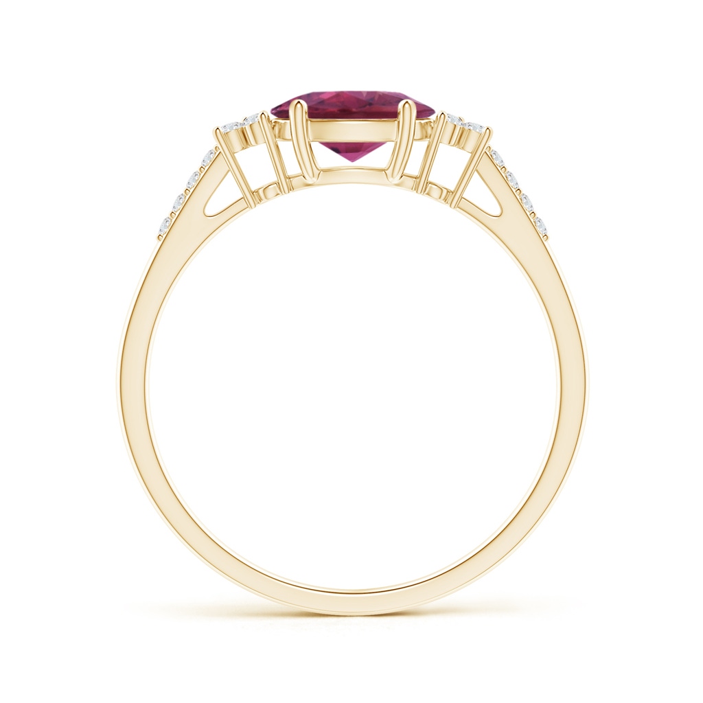 7x5mm AAAA Horizontally Set Oval Pink Tourmaline Solitaire Ring with Trio Diamond Accents in Yellow Gold - side_1