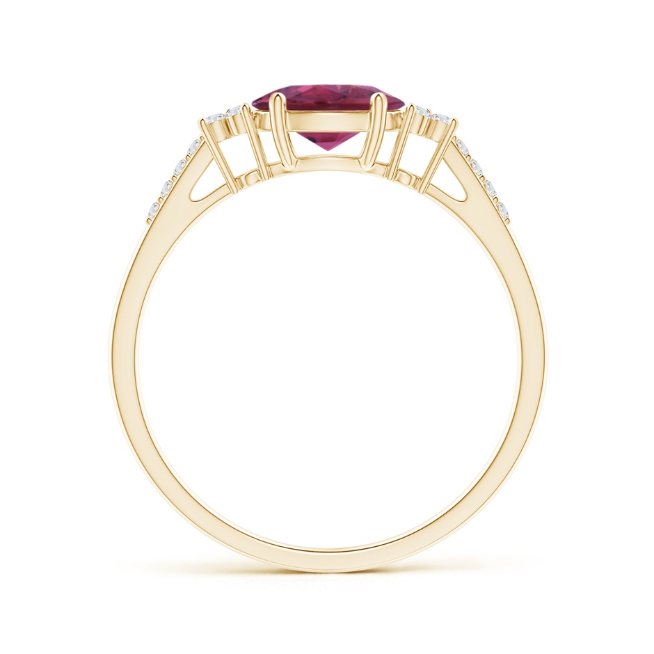 7x5mm AAAA Horizontally Set Oval Pink Tourmaline Solitaire Ring with Trio Diamond Accents in Yellow Gold side-1