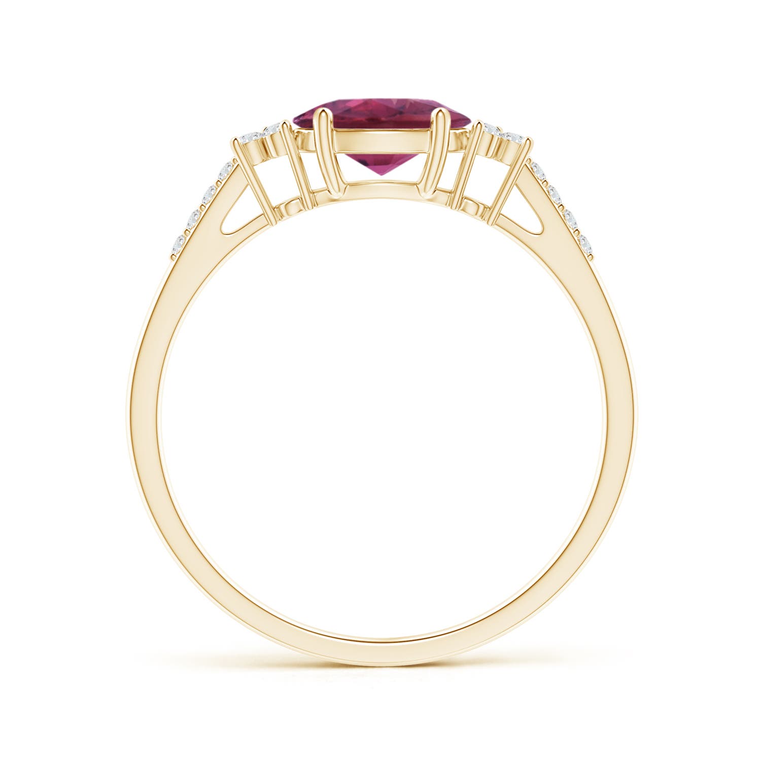 7x5mm AAAA Horizontally Set Oval Pink Tourmaline Solitaire Ring with Trio Diamond Accents in Yellow Gold - side 2