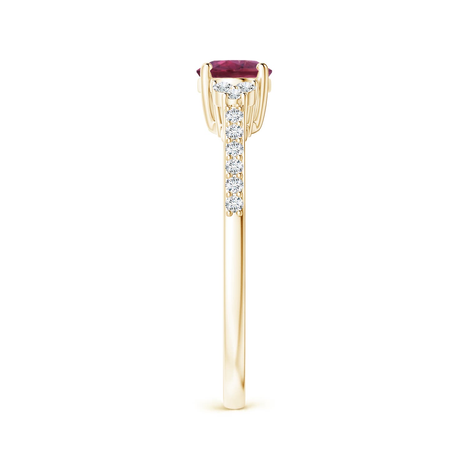 7x5mm AAAA Horizontally Set Oval Pink Tourmaline Solitaire Ring with Trio Diamond Accents in Yellow Gold - side 3