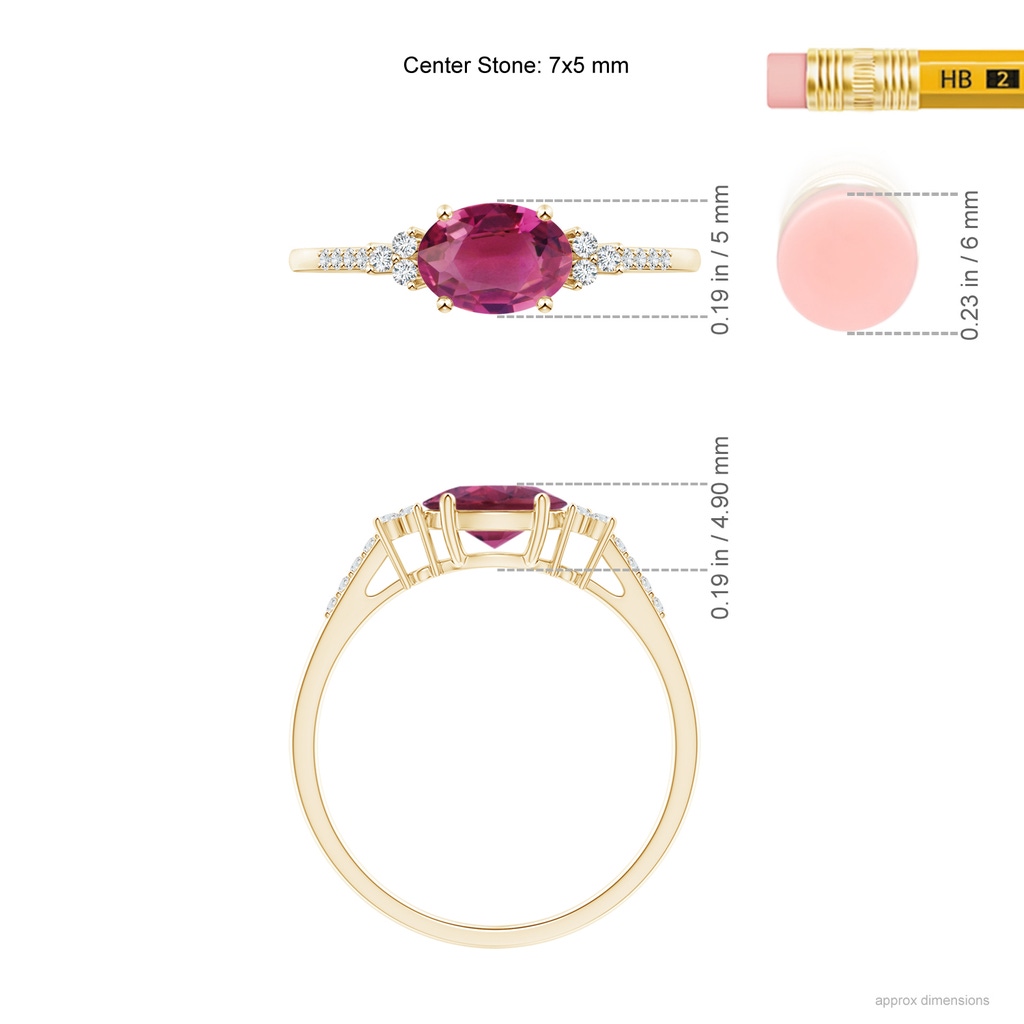 7x5mm AAAA Horizontally Set Oval Pink Tourmaline Solitaire Ring with Trio Diamond Accents in Yellow Gold Ruler