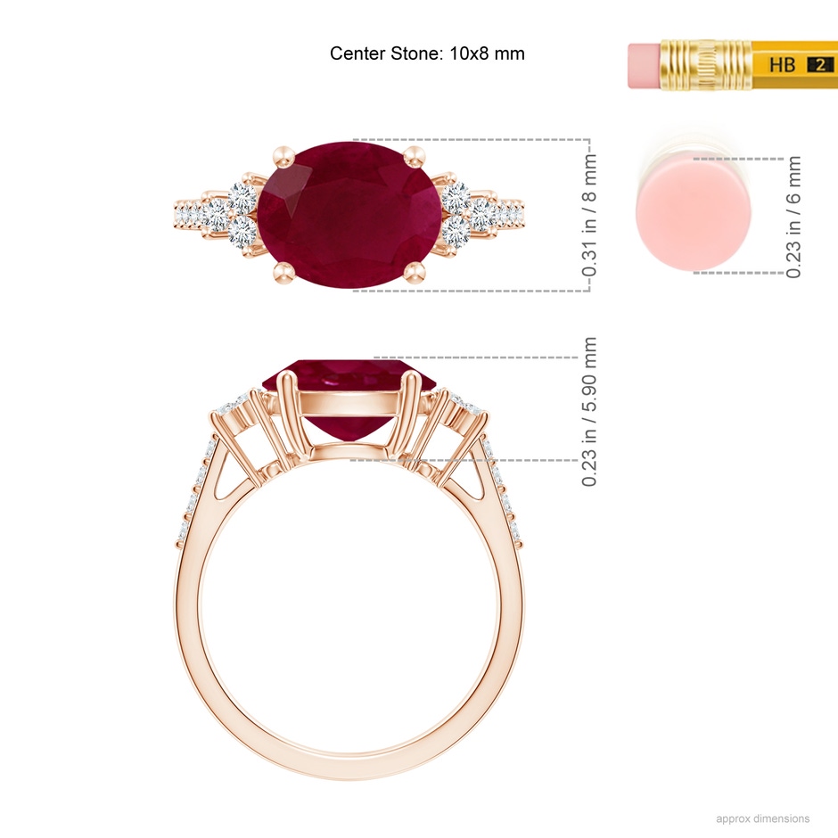 10x8mm A Horizontally Set Oval Ruby Solitaire Ring with Trio Diamond Accents in Rose Gold ruler