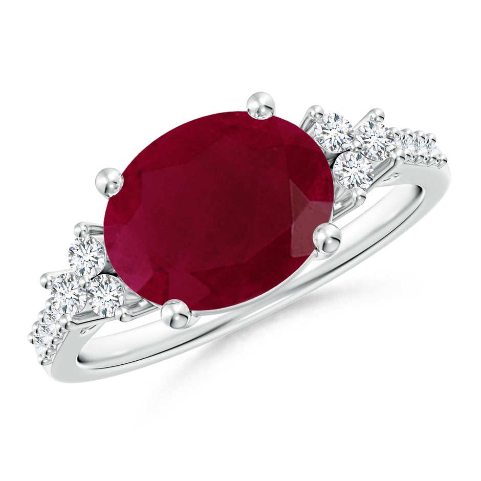 10x8mm A Horizontally Set Oval Ruby Solitaire Ring with Trio Diamond Accents in White Gold 