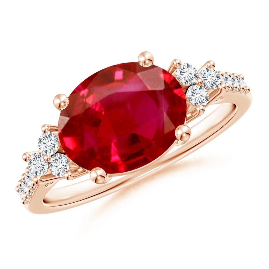 10x8mm AAA Horizontally Set Oval Ruby Solitaire Ring with Trio Diamond Accents in Rose Gold 