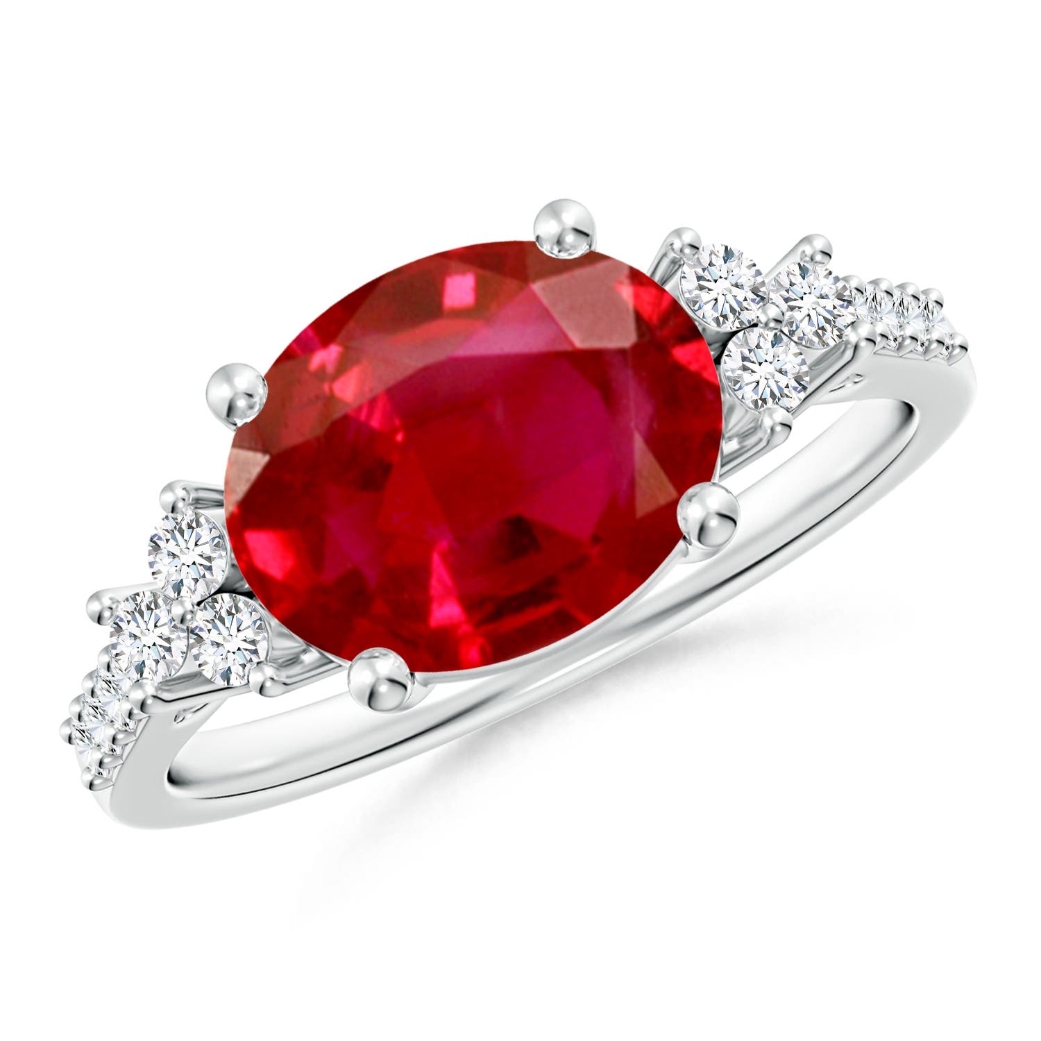 10x8mm AAA Horizontally Set Oval Ruby Solitaire Ring with Trio Diamond Accents in White Gold