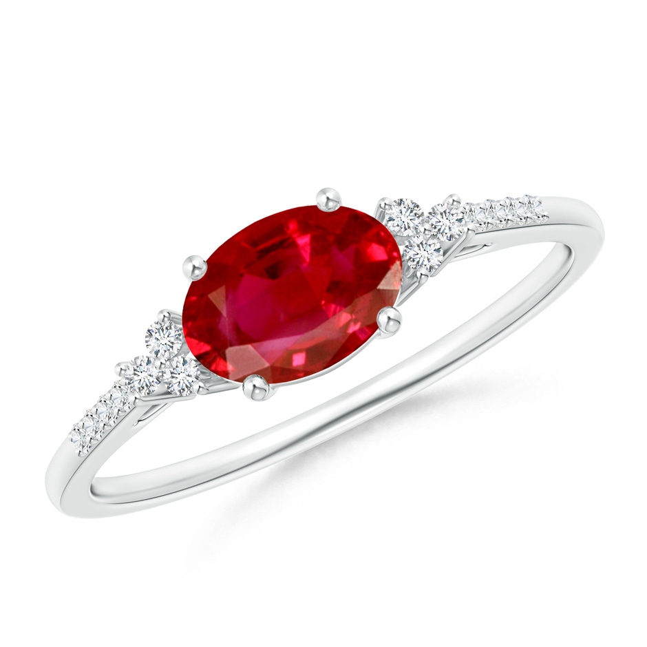 7x5mm AAA Horizontally Set Oval Ruby Solitaire Ring with Trio Diamond Accents in P950 Platinum 