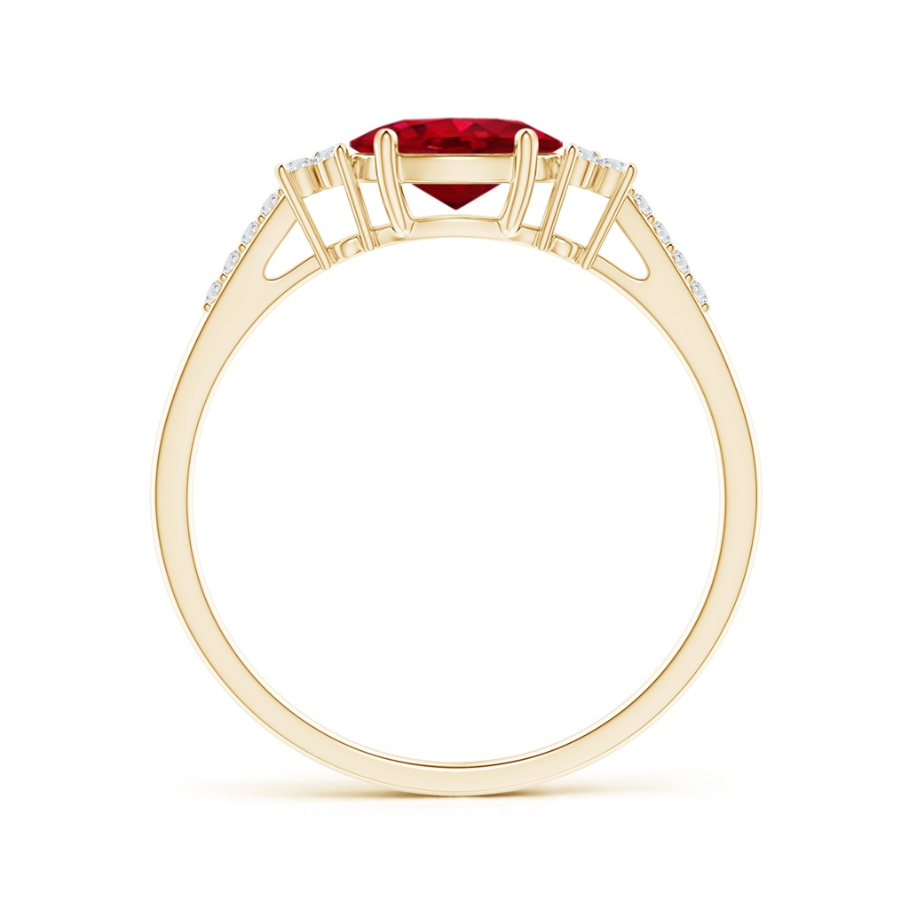 7x5mm AAA Horizontally Set Oval Ruby Solitaire Ring with Trio Diamond Accents in Yellow Gold Side 199