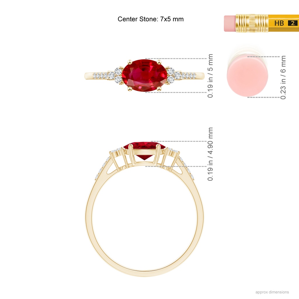 7x5mm AAA Horizontally Set Oval Ruby Solitaire Ring with Trio Diamond Accents in Yellow Gold ruler