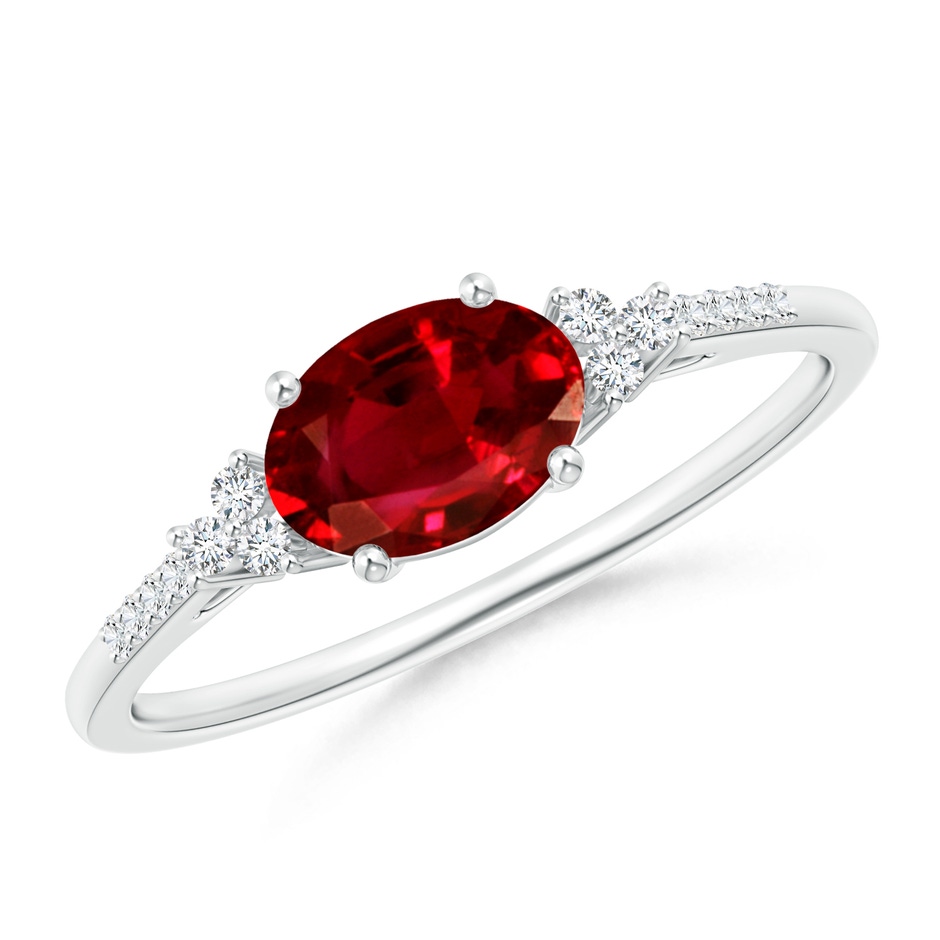 7x5mm AAAA Horizontally Set Oval Ruby Solitaire Ring with Trio Diamond Accents in P950 Platinum 