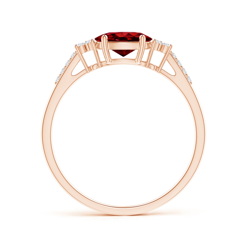 7x5mm AAAA Horizontally Set Oval Ruby Solitaire Ring with Trio Diamond Accents in Rose Gold - side 199