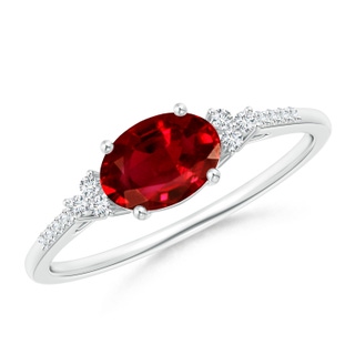7x5mm AAAA Horizontally Set Oval Ruby Solitaire Ring with Trio Diamond Accents in White Gold