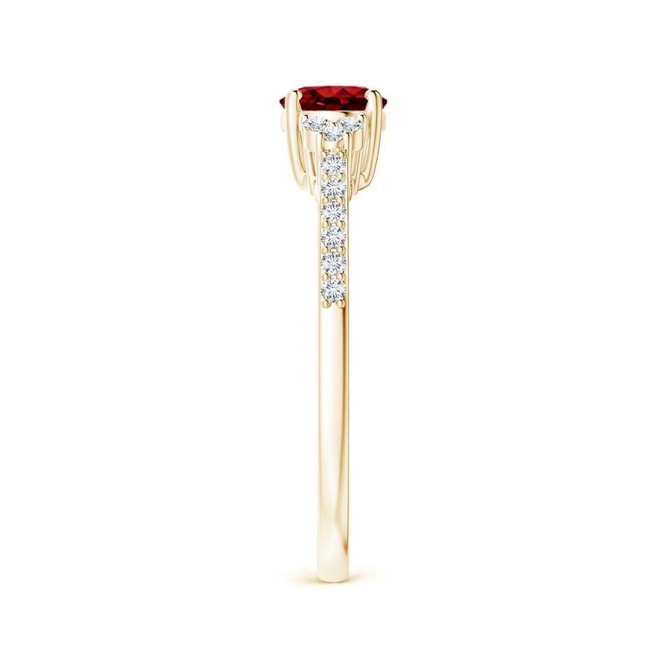 7x5mm AAAA Horizontally Set Oval Ruby Solitaire Ring with Trio Diamond Accents in Yellow Gold side 299