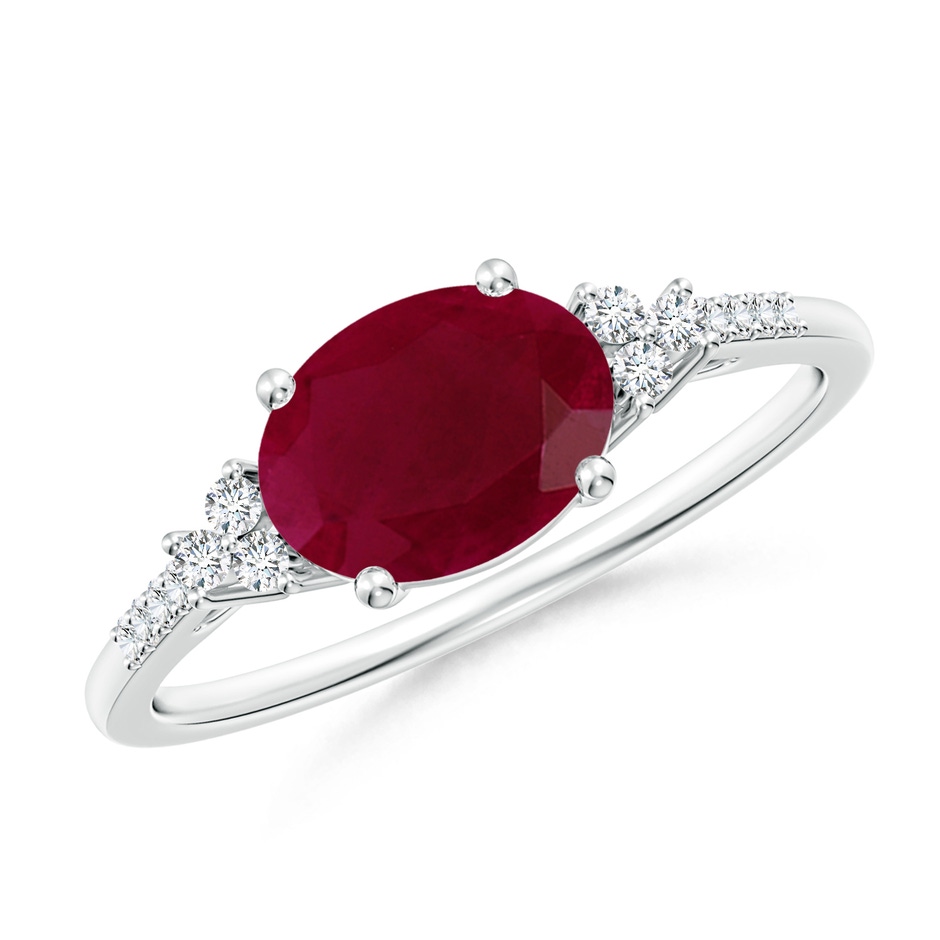 8x6mm A Horizontally Set Oval Ruby Solitaire Ring with Trio Diamond Accents in White Gold 