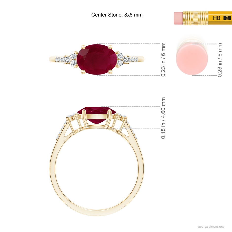 8x6mm A Horizontally Set Oval Ruby Solitaire Ring with Trio Diamond Accents in Yellow Gold ruler