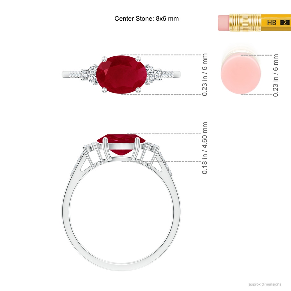 8x6mm AA Horizontally Set Oval Ruby Solitaire Ring with Trio Diamond Accents in P950 Platinum ruler