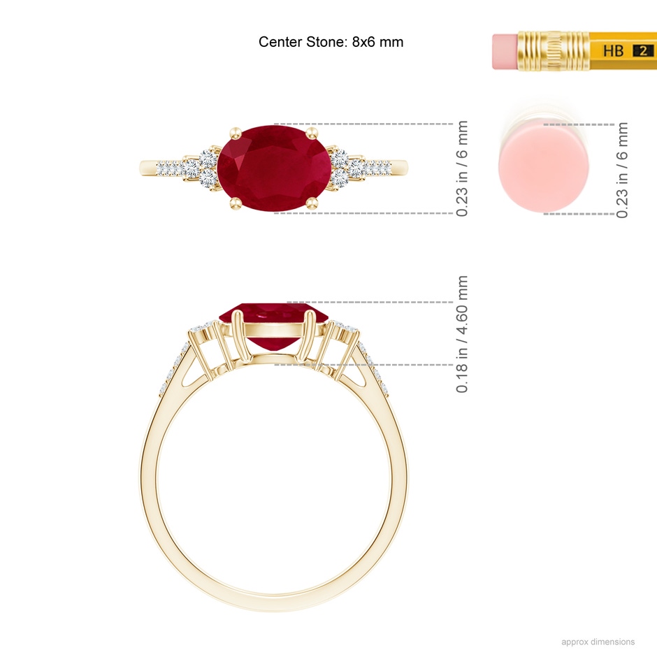 8x6mm AA Horizontally Set Oval Ruby Solitaire Ring with Trio Diamond Accents in Yellow Gold ruler