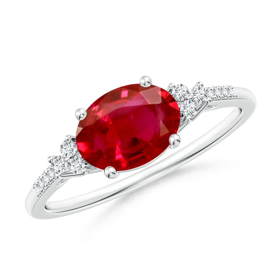 8x6mm AAA Horizontally Set Oval Ruby Solitaire Ring with Trio Diamond Accents in P950 Platinum 