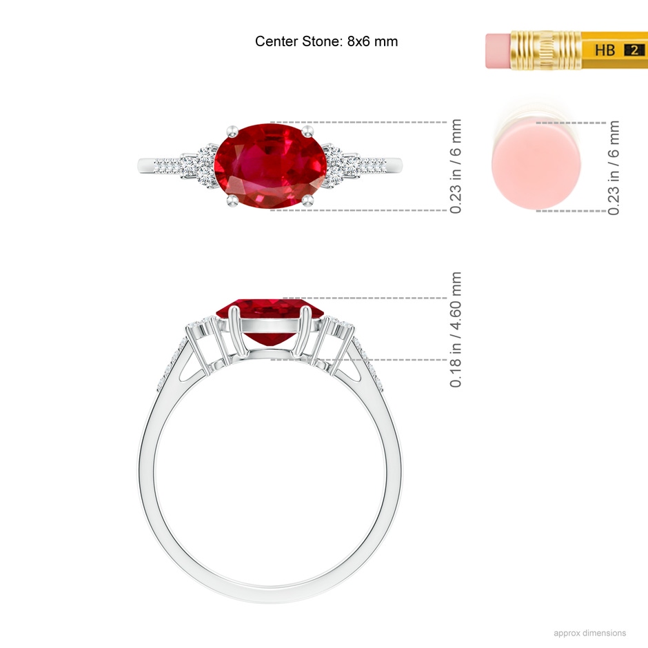 8x6mm AAA Horizontally Set Oval Ruby Solitaire Ring with Trio Diamond Accents in P950 Platinum ruler