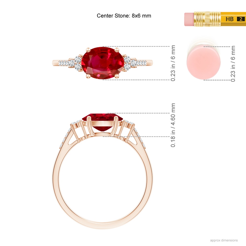 8x6mm AAA Horizontally Set Oval Ruby Solitaire Ring with Trio Diamond Accents in Rose Gold ruler